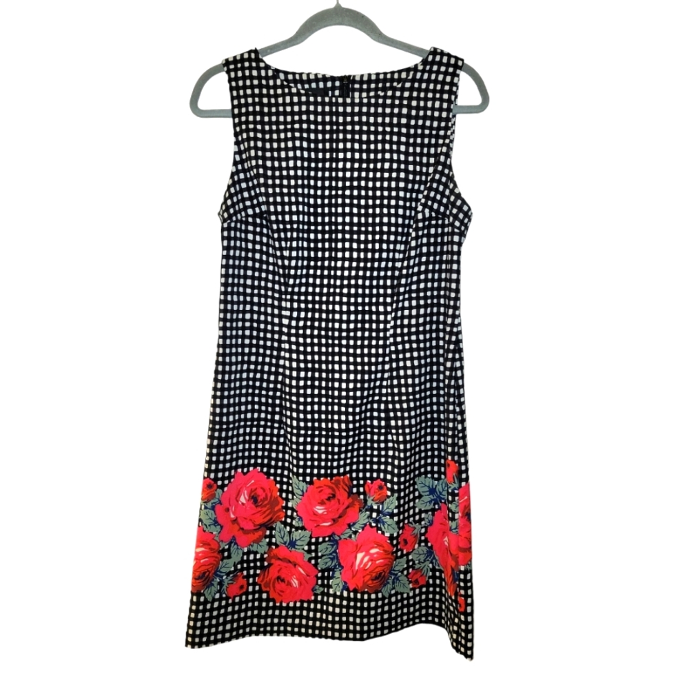 Alyx, Border Print Dress, Black + White Checkered w/ Red Flowers, Women's sz 10